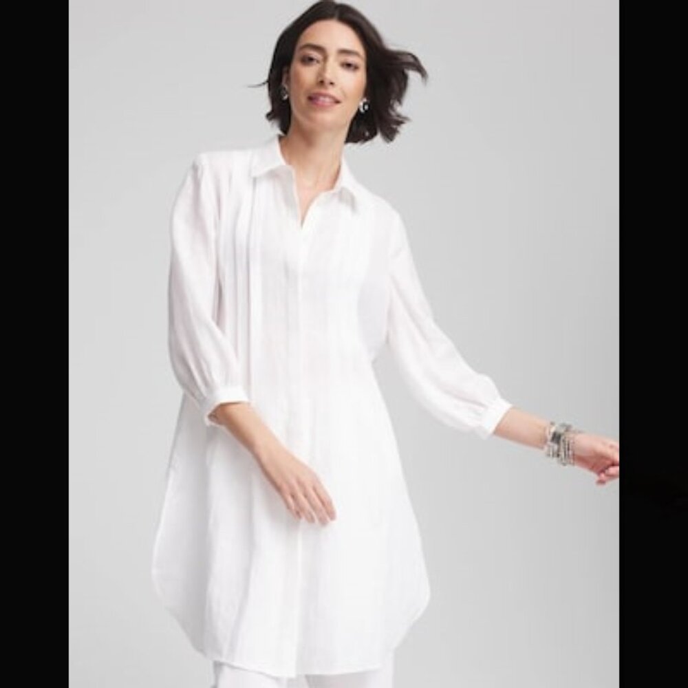 CHICO'S White Pintuck Linen Tunic  S-M